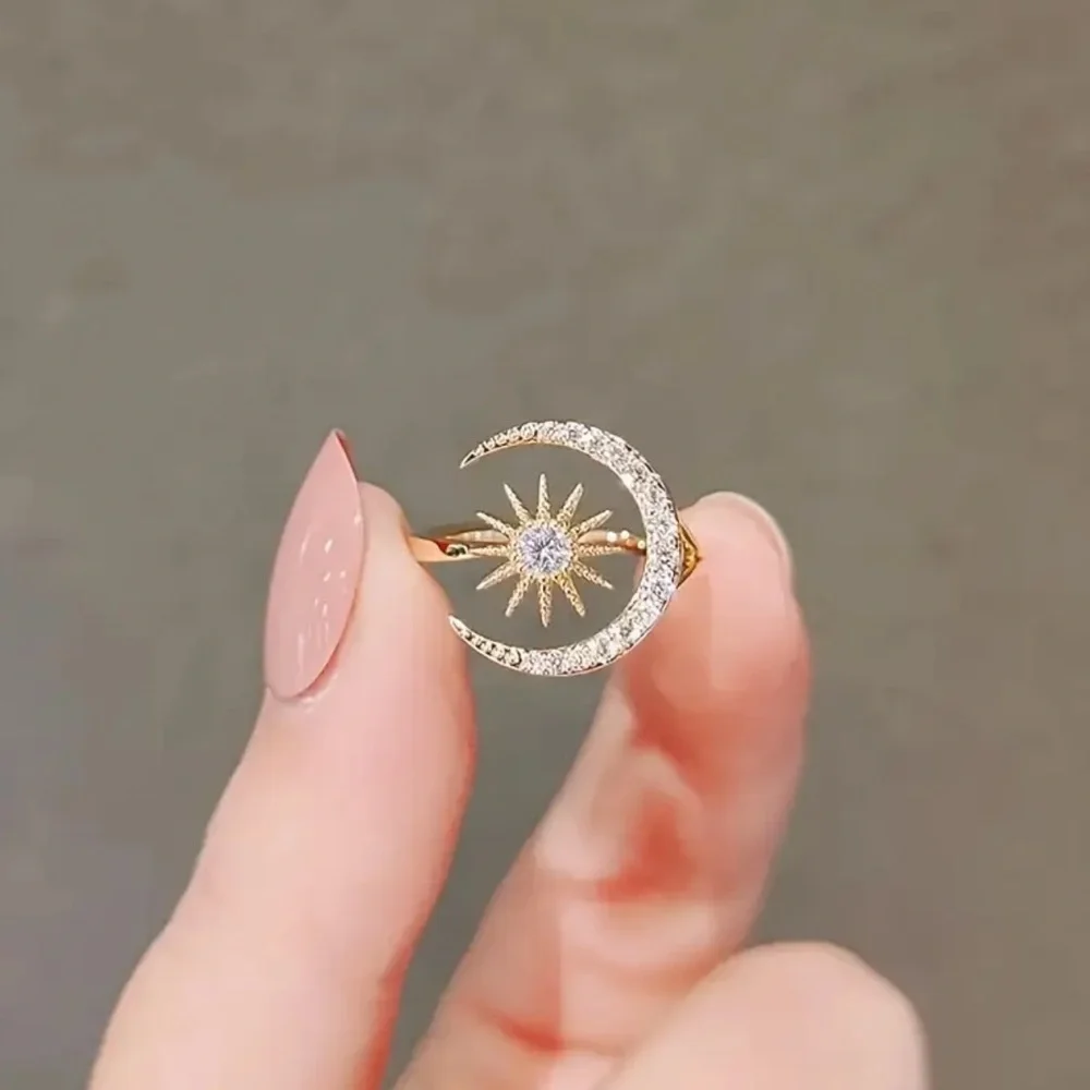 Adjustable Moon & Star Ring | Zinc Alloy Open Couple Ring with Rhinestones 🌙⭐️